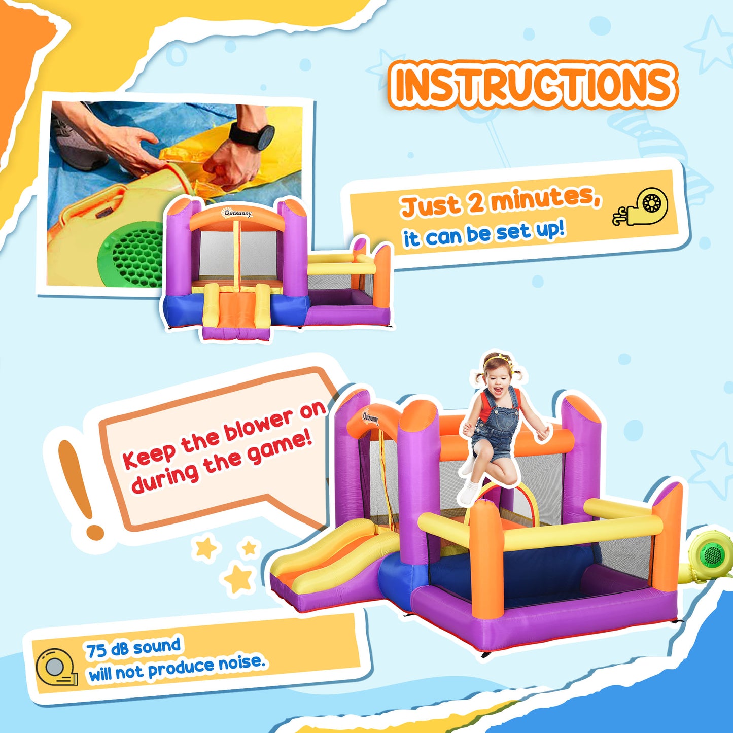 Outsunny Kids Bouncy Castle House Inflatable Trampoline Slide Water Pool 3 in 1 with Blower Indoor Outdoor for Kids Age 3-8 Multi-Colour 2.8 x 2.5 x 1.7m