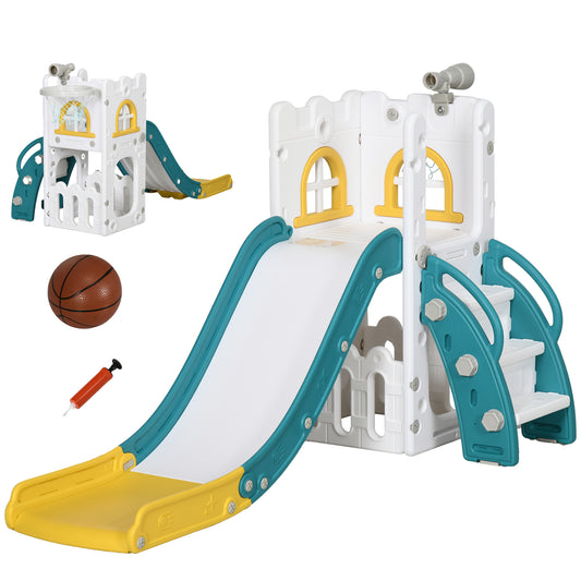 AIYAPLAY 5 in 1 Toddler Slide with Basketball Hoop, Climber, Telescope, Storage Basket, for Ages 1-3 Years, Yellow
