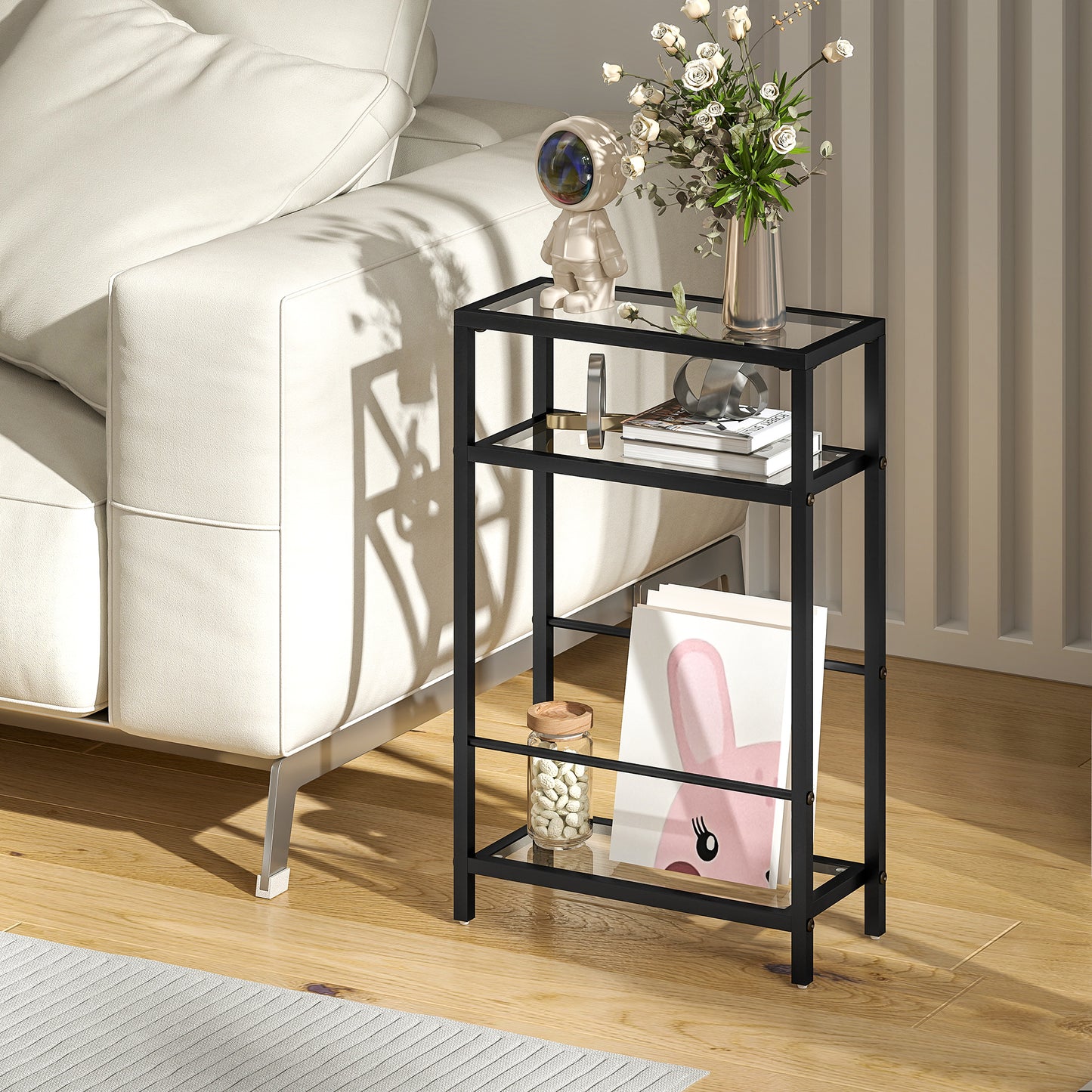HOMCOM 3-Tier Side Table, Narrow End Table with Storage Shelf and Tempered Glass Tabletop for Small Spaces, Black-End Tables-ChewyGames-ChewyGames
