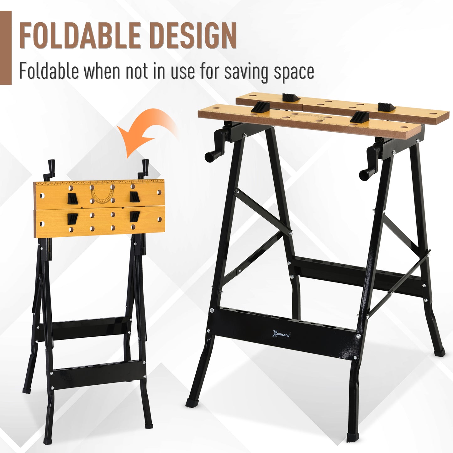 DURHAND 4-in-1 Work Bench, Folding Clamp Table w/ 4 Adjustable Clamping Pegs for DIY Home Garage, Black