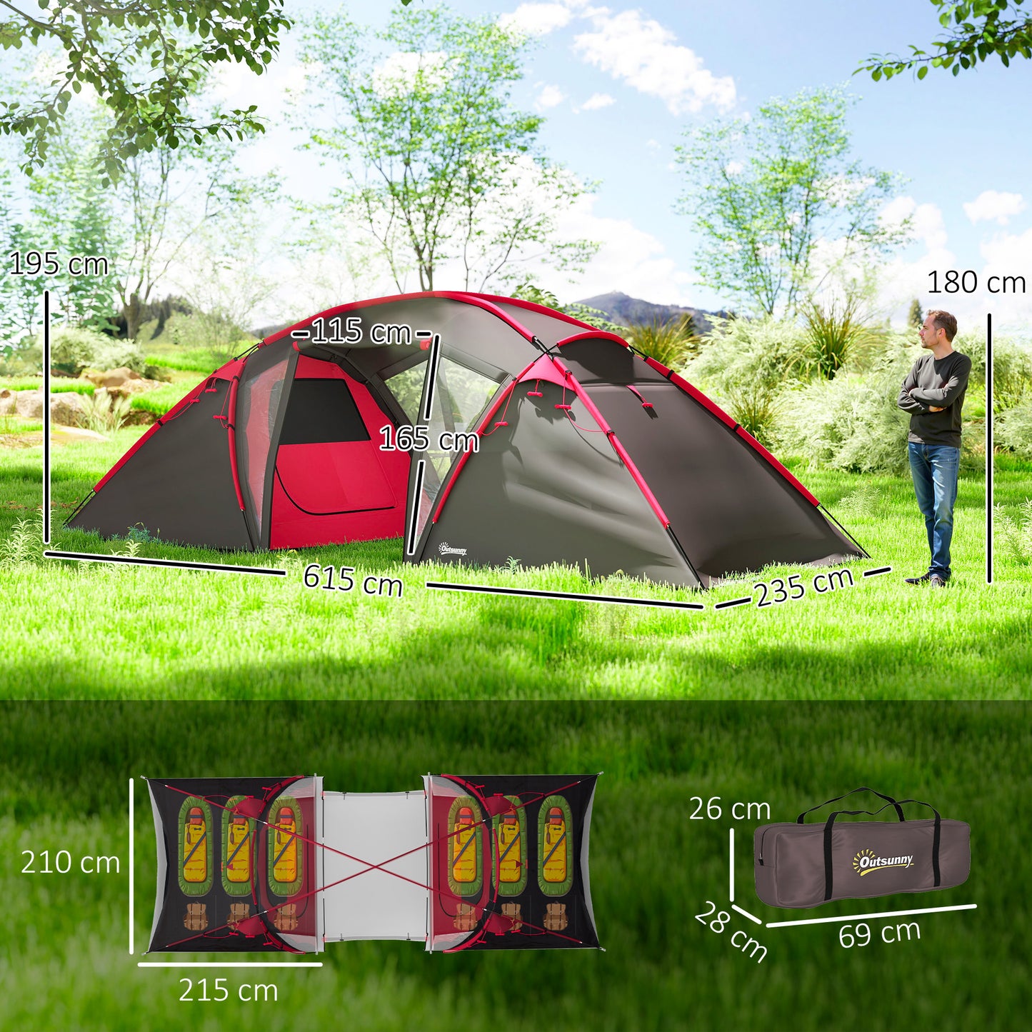 Outsunny 4-6 Man Family Camping Tent w/ 2 Bedrooms and a Living Room, Waterproof Tunnel Tent w/ Sewn In Groundsheet, Doors, Windows, Carry Bag, Grey