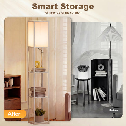 HOMCOM 3-Tier Floor Lamp with Shelves and Storage, Modern Corner Standing Lamp with Lampshade, Reading Light with Foot Switch for Living Room, Bedroom, Home Office, Bulb not Included, Oak
