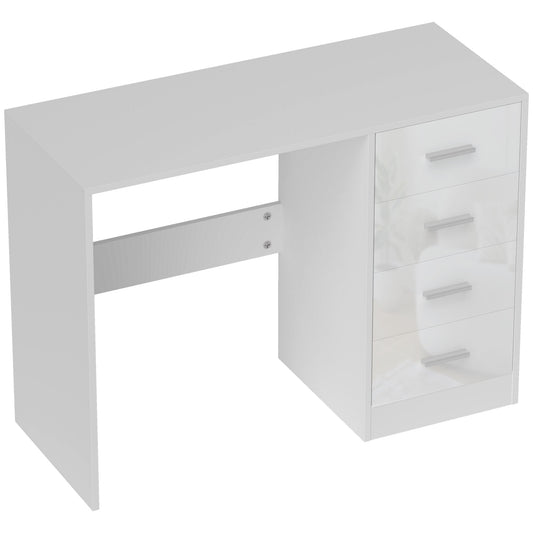 HOMCOM Computer Desk with Drawers, Dressing Table, High Gloss Home Office Writing Workstation, White