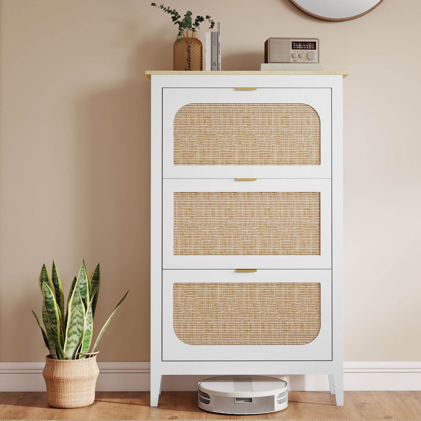 HOMCOM Narrow Shoe Cabinet, Boho Slim Shoe Storage Cabinet with 3 Flip Drawers, Holds 21 Pairs, White