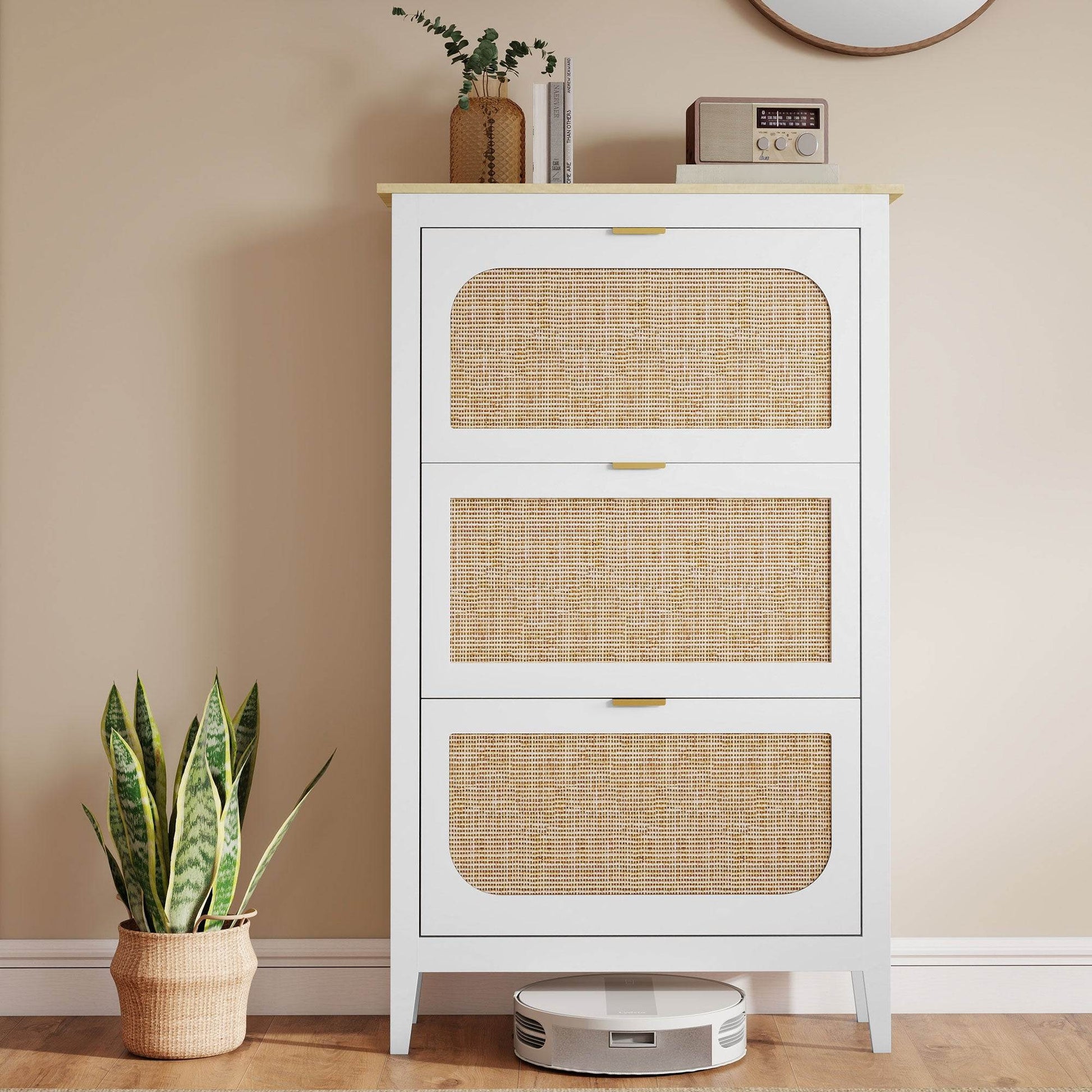 HOMCOM Narrow Shoe Cabinet, Boho Slim Shoe Storage Cabinet with 3 Flip Drawers, Holds 21 Pairs, White