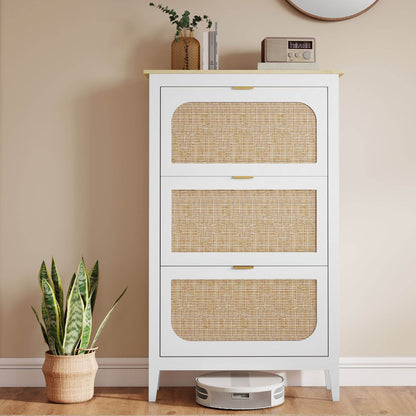 HOMCOM Narrow Shoe Cabinet, Boho Slim Shoe Storage Cabinet with 3 Flip Drawers, Holds 21 Pairs, White
