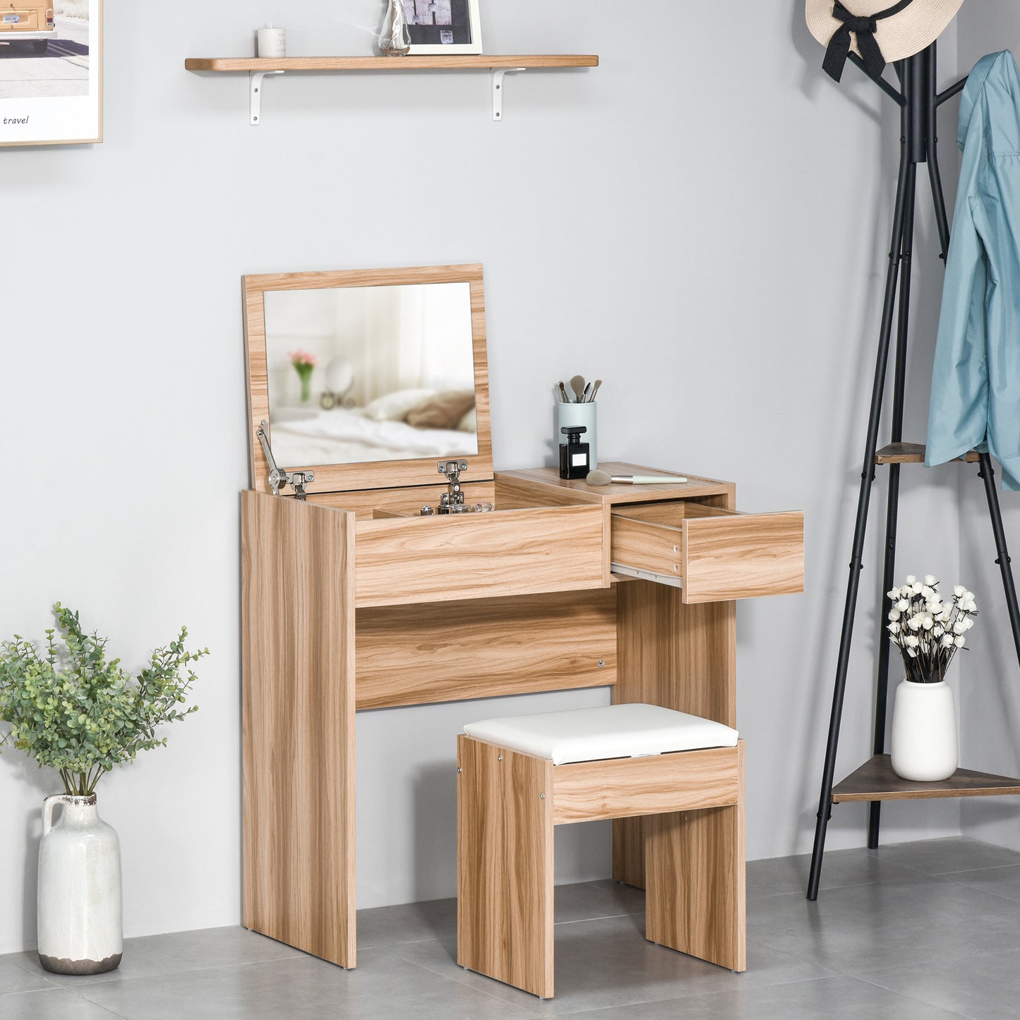 HOMCOM Dressing Table with Flip-Up Mirror and Cushioned Stool, Makeup Vanity Desk with Hidden Compartments and Storage Drawer, Convertible Writing Table for Bedroom, Natural