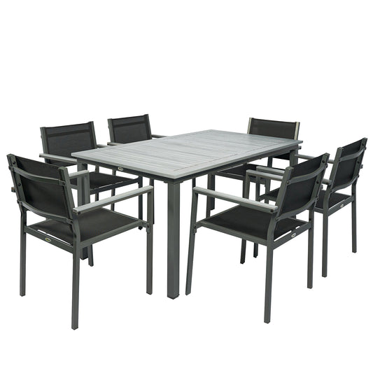 Outsunny Garden Dining Set with Acacia Wood Table Top, Outdoor Table and Stackable Chairs Set for 6 with Texteline Seat, Grey