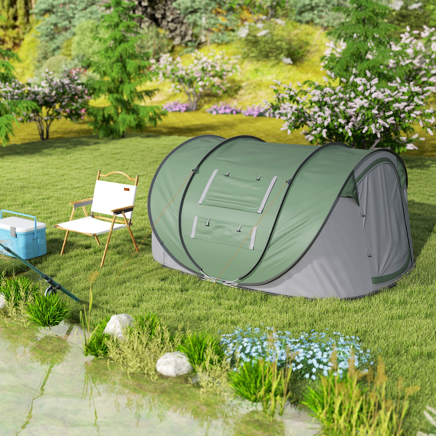 Outsunny 4 Person Pop-up Camping Tent Family Tent with Ground Sheet, 4 Windows and Portable Carry Bag for Beach Outdoor Trip, Dark Green