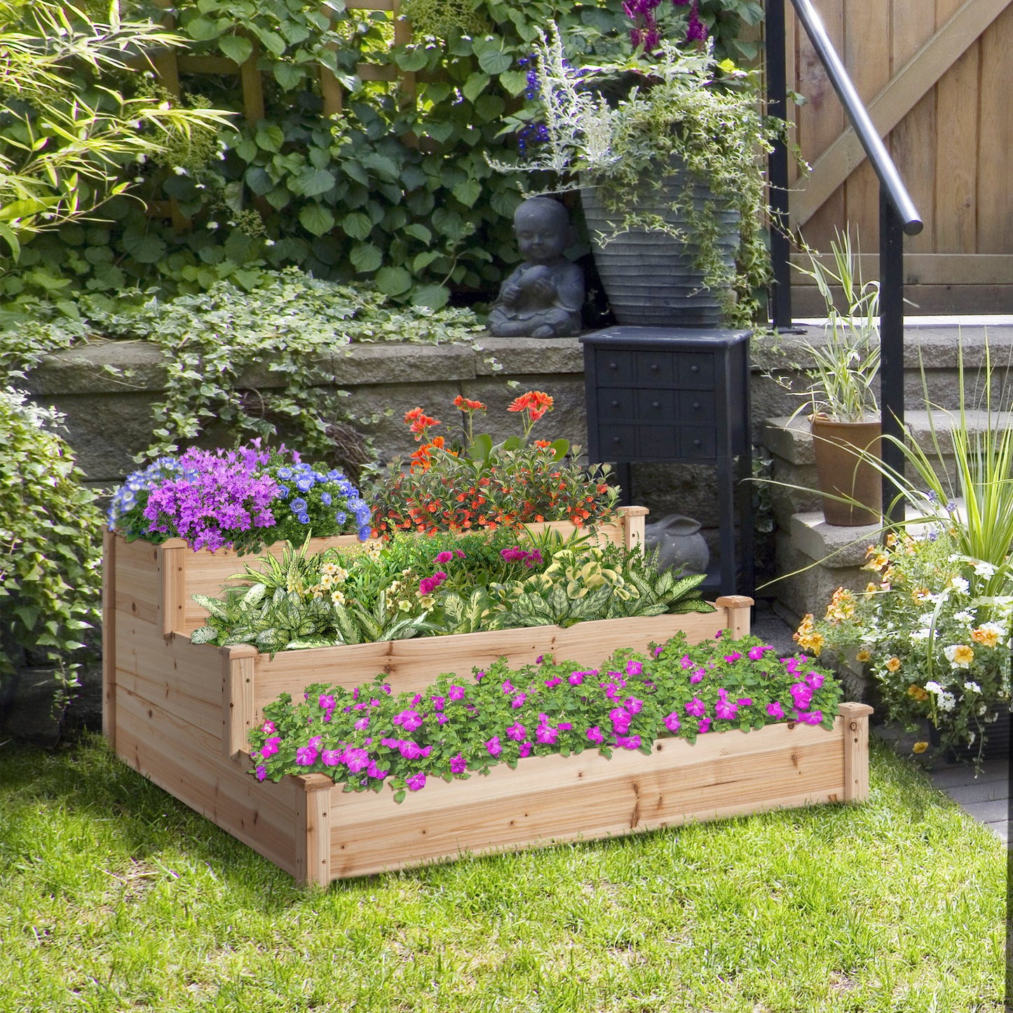Outsunny 470L Raised Garden Bed, 3-Tier Planter Kit, Elevated Wooden Planters for Garden, Yard & Patio, Wooden Nature