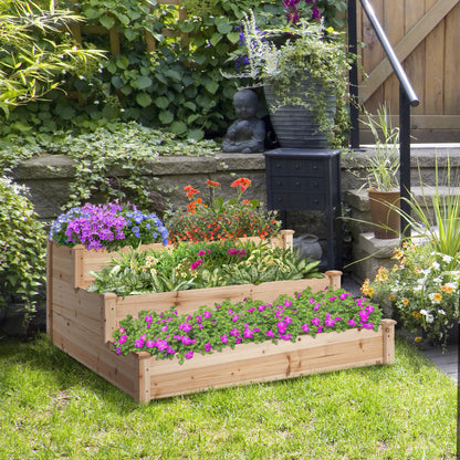 Outsunny 470L Raised Garden Bed, 3-Tier Planter Kit, Elevated Wooden Planters for Garden, Yard & Patio, Wooden Nature