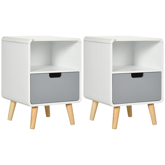 HOMCOM Wooden Bedside Table End Nightstand With Drawer Wood Lamp Desk Storage Unit Bedroom Scandinavian Nordic Style, Set of 2