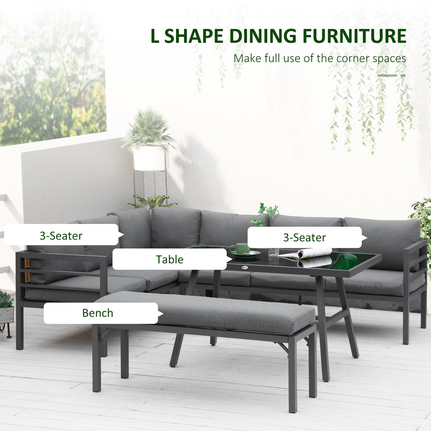 Outsunny 4 Piece L-shaped Garden Furniture Set 8-Seater Aluminium Outdoor Dining Set Conversation Sofa Set w/ Bench, Dining Table & Cushions, Grey