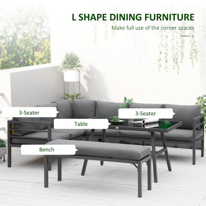 Outsunny 4 Piece L-shaped Garden Furniture Set 8-Seater Aluminium Outdoor Dining Set Conversation Sofa Set w/ Bench, Dining Table & Cushions, Grey