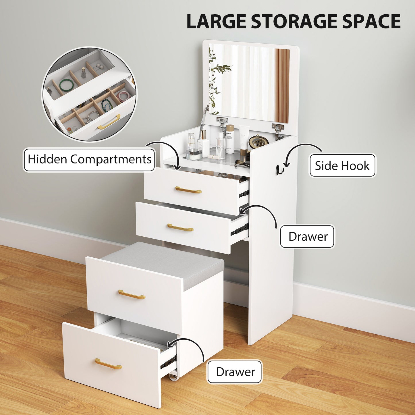HOMCOM Compact Dressing Table and Stool Set, with Storage - White