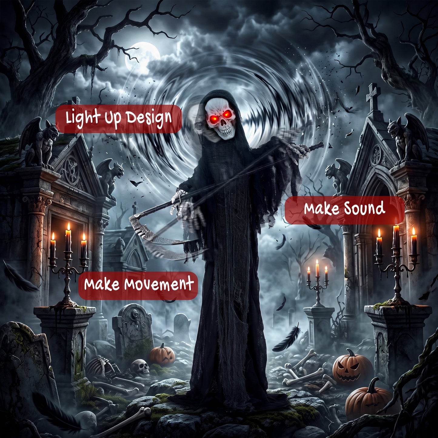 HOMCOM 183cm Life Size Animated Grim Reaper Halloween Decoration, Scary Halloween Animatronics Decor with Sound Touch Activated