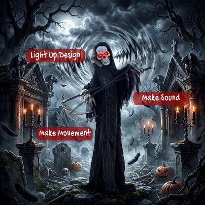 HOMCOM 183cm Life Size Animated Grim Reaper Halloween Decoration, Scary Halloween Animatronics Decor with Sound Touch Activated