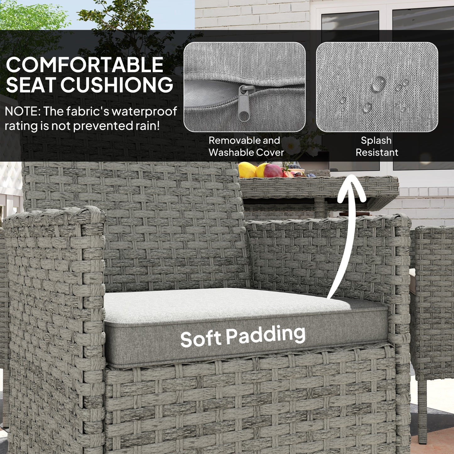 Outsunny Rattan Garden Furniture Set, Outdoor Dining Table and Chairs 4 Seater with Cushions, Square Tempered Glass Top, 4 Armchairs, for Balcony, Terrace, Conservatory, Grey
