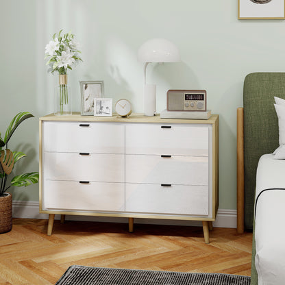 HOMCOM Storage Cabinet, Chest of Drawers with 6  Drawers and 5 Legs for Bedroom,  High Gloss White