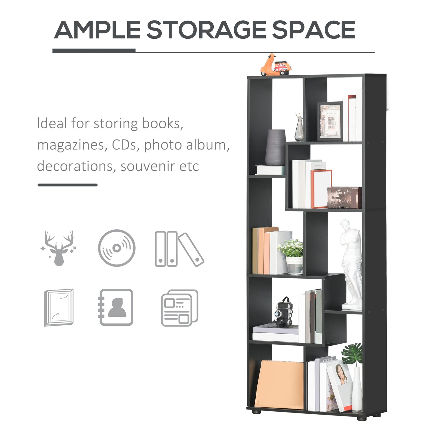 HOMCOM 8-Tier Freestanding Bookcase w/ Melamine Surface Anti-Tipping Foot Pads Home Display Storage Grid Stand Bedroom Living Room Furniture Modern Style - Black
