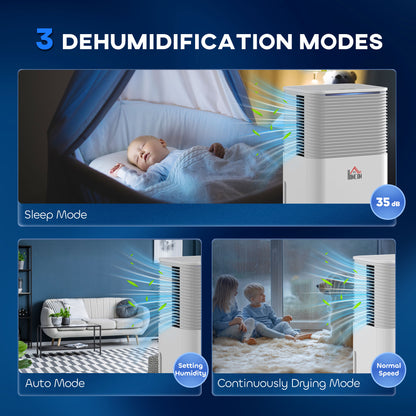 HOMCOM 12L/Day Dehumidifier with 2L Water Tank, Laundry Drying, Automatic Humidity Sensor, Electric Portable Dehumidifier with 24H Timer, 3 Modes for Home Damp, Mould and Condensation