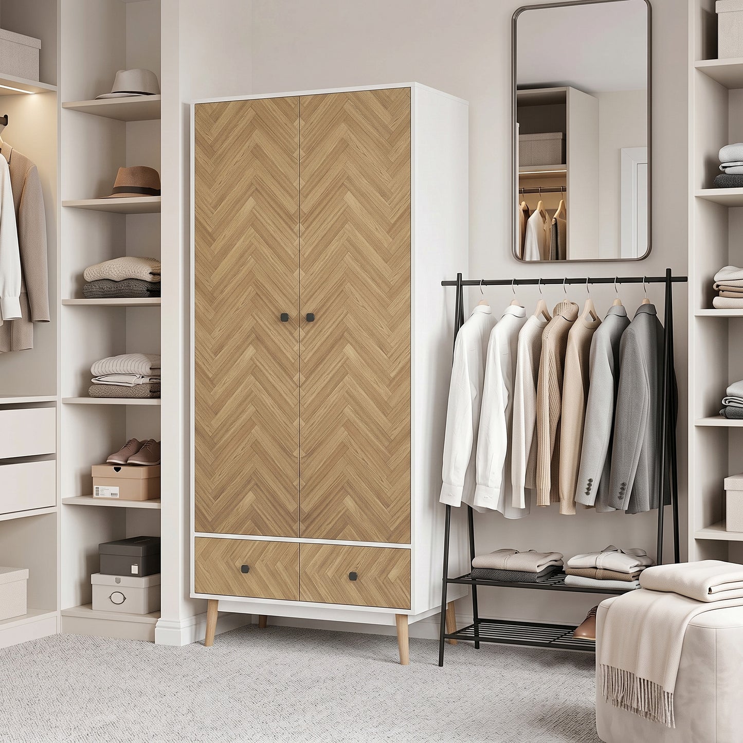 HOMCOM Cabinet Wood-Effect Sticker Surface, Modern Wardrobe with 2 Hanging Rods, 2 Storage Shelves and 2 Drawers, White