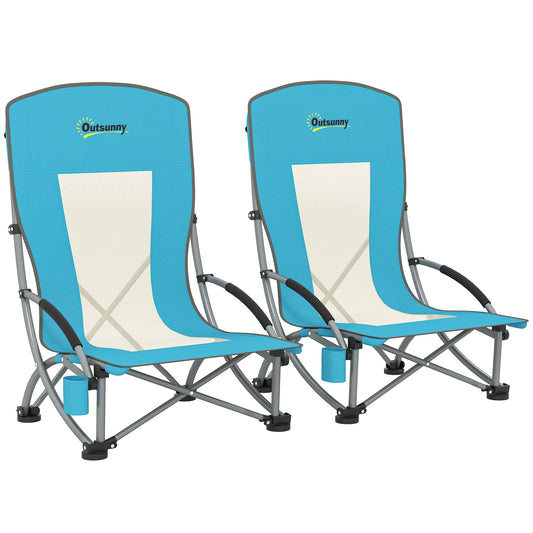 Outsunny Set of 2 Folding Beach Chair, Low Camping Chair with Mesh Back, Carry Bag and Cup Holder for Garden Outdoor Picnic Festival Travel, Blue