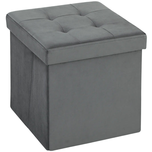 HOMCOM Foldable Velvet-Feel Storage Ottoman, 38 x 38 x 38 cm, Grey
