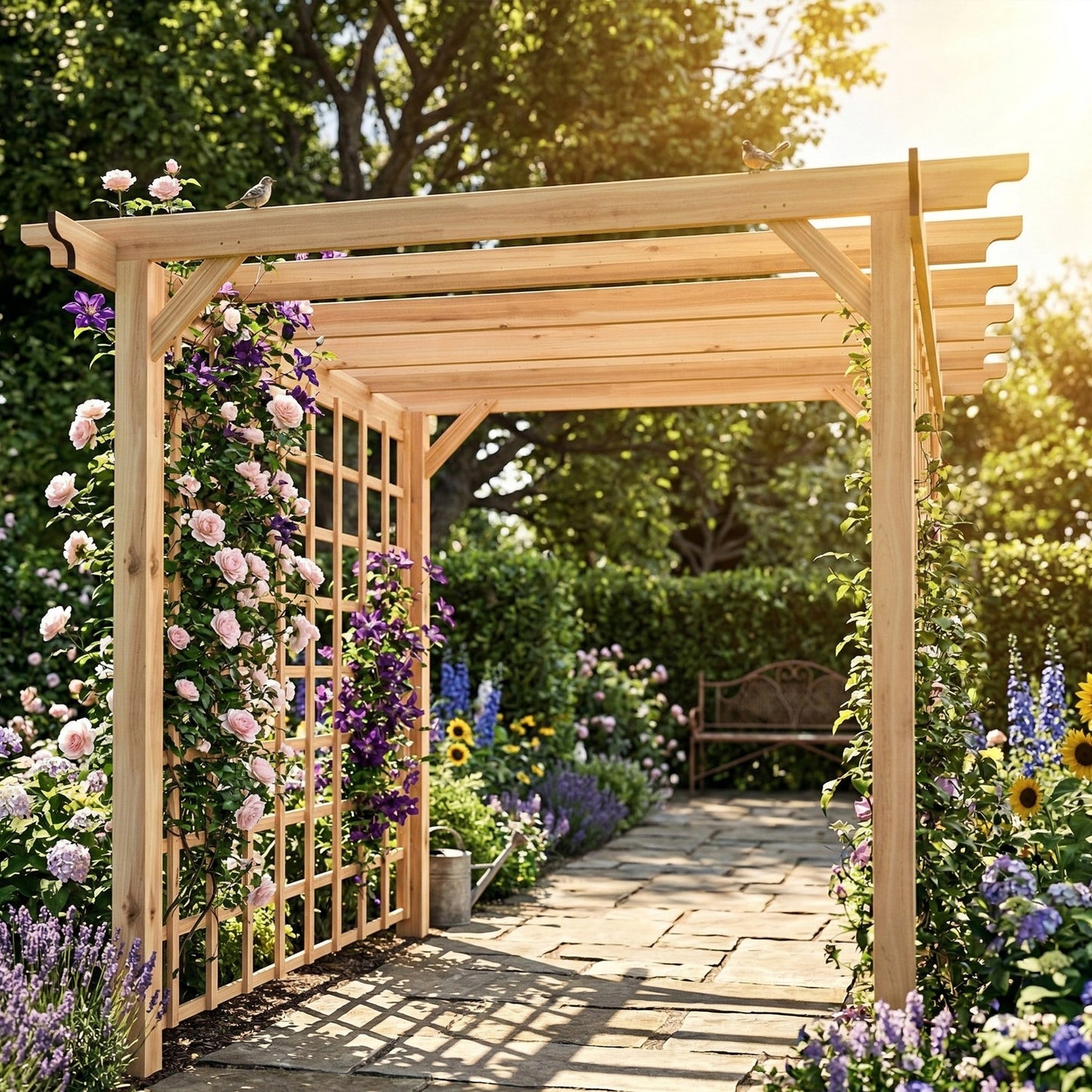 Outsunny 3 x 3 m Wooden Pergola Kit, Garden Pergola Gazebo Arch with Trellis for Climbing Vines, Flowers, Nature Wood Finish
