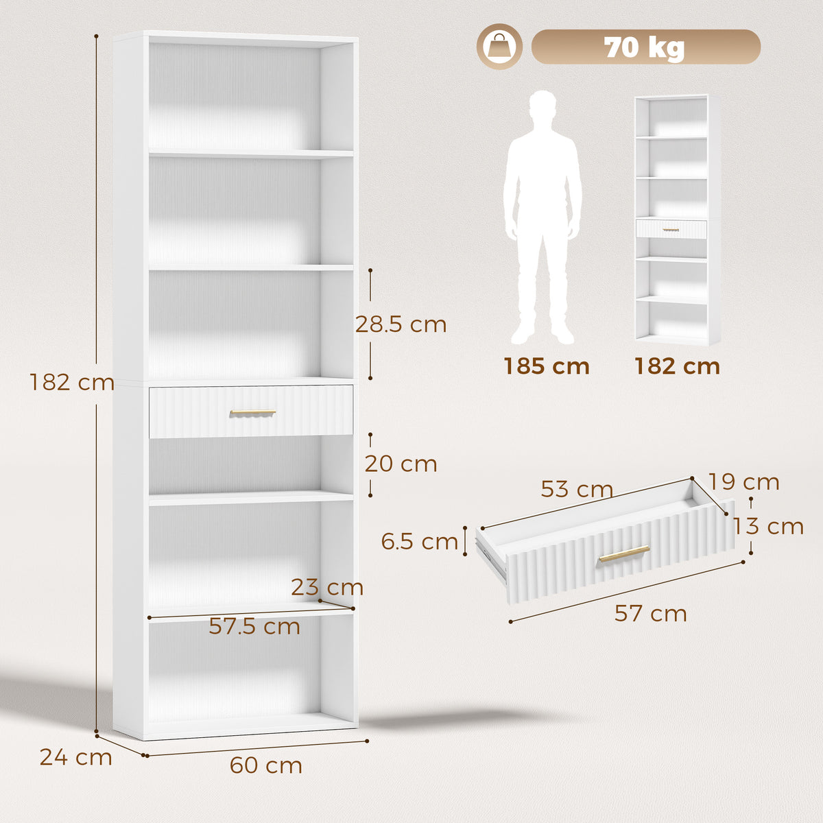 HOMCOM Bookcase Narrow Tall Space-Saving Bookshelf Drawer Open Shelves 60 x 24 x 182 cm White