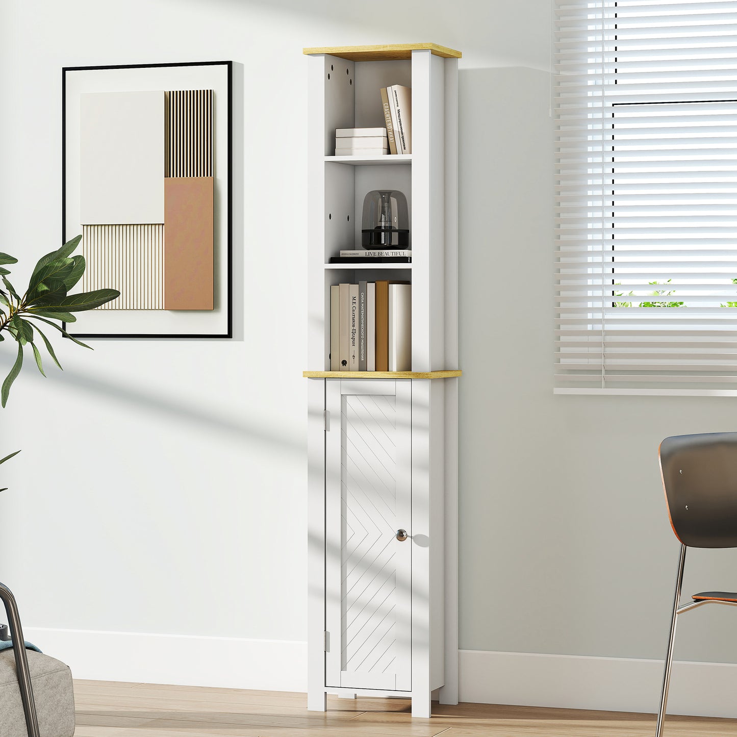 kleankin Slim Bathroom Storage Unit with Open Compartment, Bathroom Storage Cabinet with Adjustable Shelf, 34 x 23 x 165 cm, White