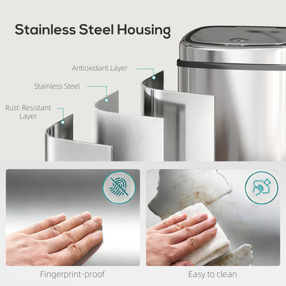 HOMCOM 68L Automatic Sensor Bin, Touchless Stainless Steel Kitchen Rubbish Bin, Hands-Free Infrared Waste Dustbin, Motion Trash Can with Manual Button for Home Office, Silver