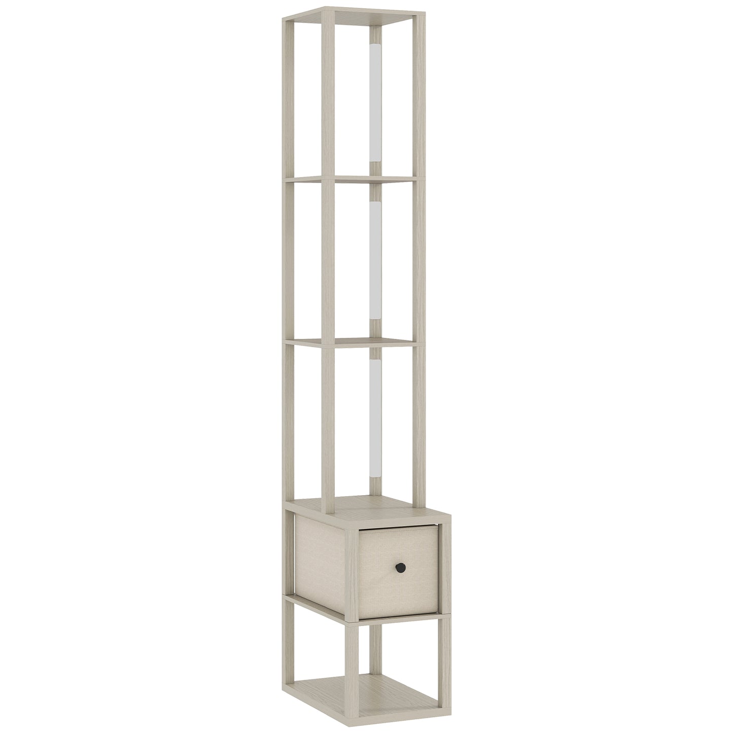 HOMCOM Floor Lamp with Shelves, LED Column Modern Standing Lamp with Fabric Drawer, Adjustable Brightness, Foot Switch for Living Room, Bedroom, Office, Oak