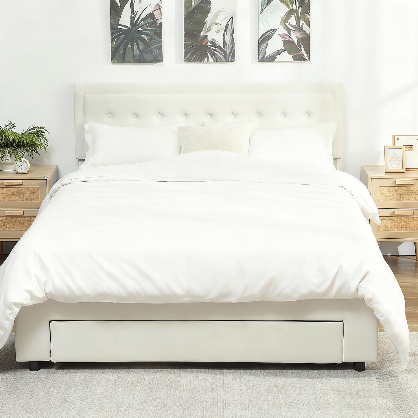 HOMCOM King Size Ottoman Bed Frame, with Front Drawer Cream