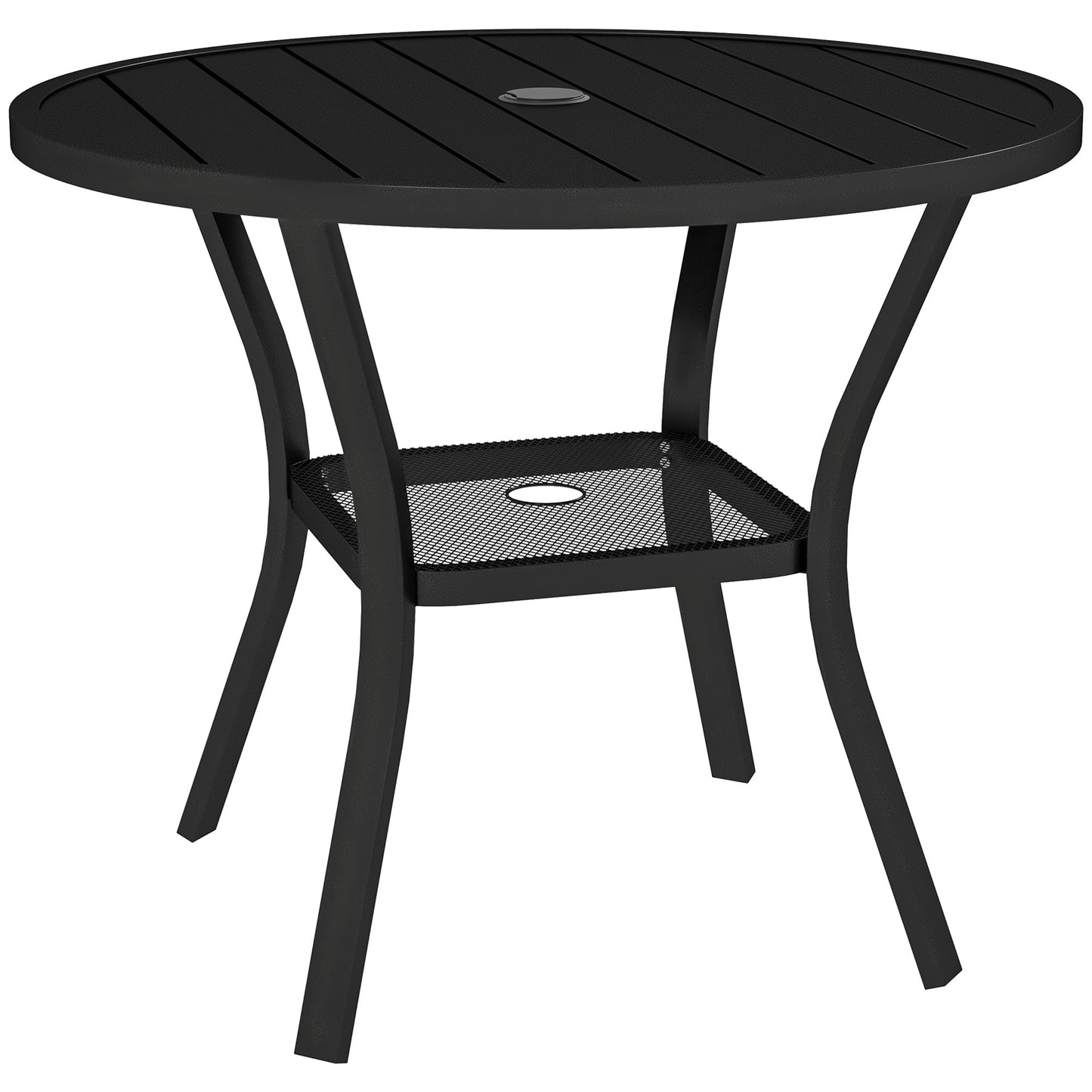 Outsunny 90 cm Garden Dining Table with 4-5 cm Parasol Hole, Round Outdoor Dining Table, Steel Garden Table with Slatted Metal Top and Wire Shelf for Balcony, Porch, Black