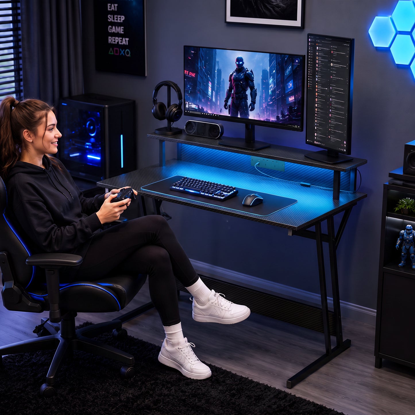 HOMCOM Two-Level LED Gaming Desk - Black