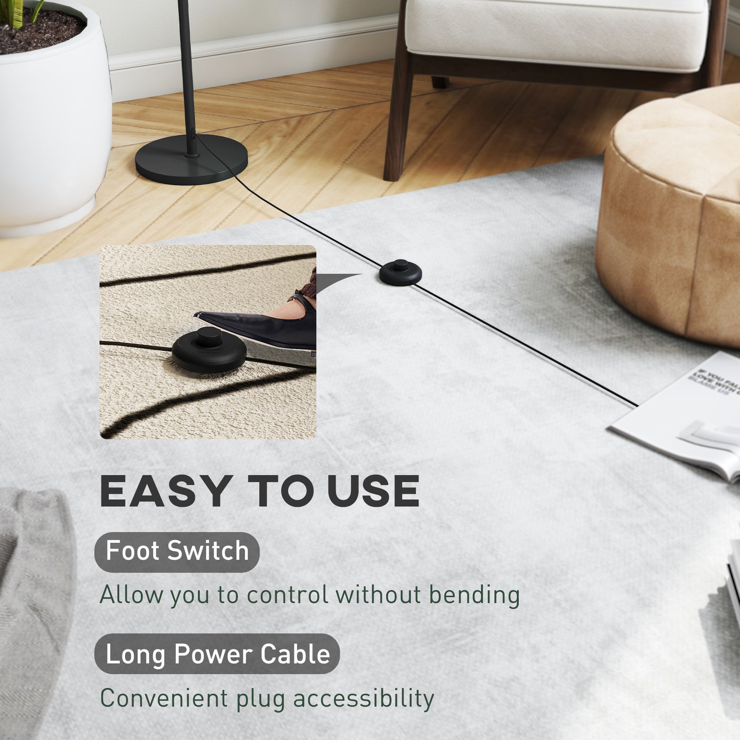 HOMCOM Floor Lamp for Living Room, 3D Printed Modern Standing Lamp with Flowing Curved Shade & Foot Switch, Minimalist Tall Pole Lampshade for Bedroom, Office, E27 Holder without Bulb (25W Max), White