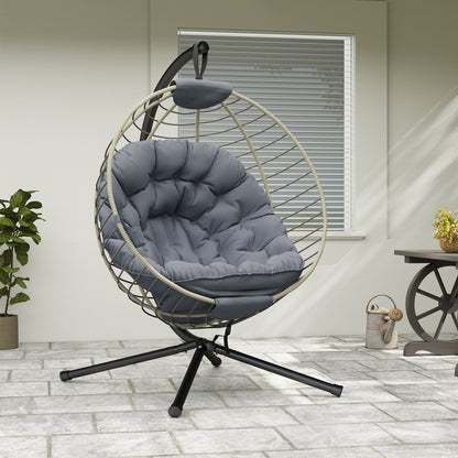 Outsunny PE Rattan Swing Chair, Outdoor Hanging Chair with Metal Stand, Thick Padded Cushion, Foldable Basket and Cup Holder, for Indoor and Outdoor, Grey