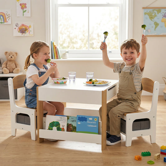 HOMCOM Three-Piece Kids Table and Chair Set with Blackboard, Storage, Bookshelves - Natural Wood