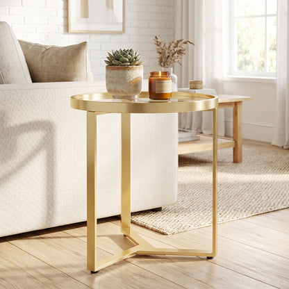HOMCOM Round Side Table with Tempered Glass Top and Geometric Metal Frame for Small Space, Gold Tone