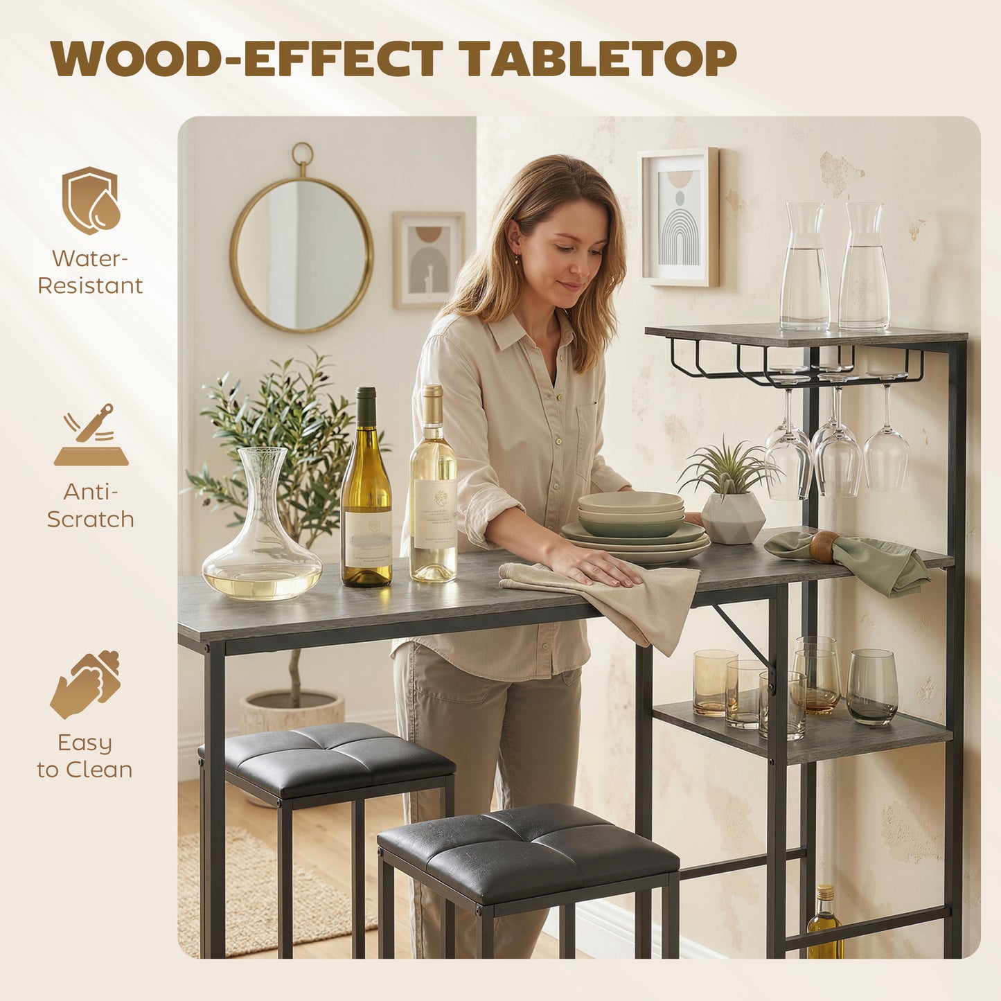 HOMCOM 3 Piece Breakfast Bar Table and Stools Set, Washed Grey