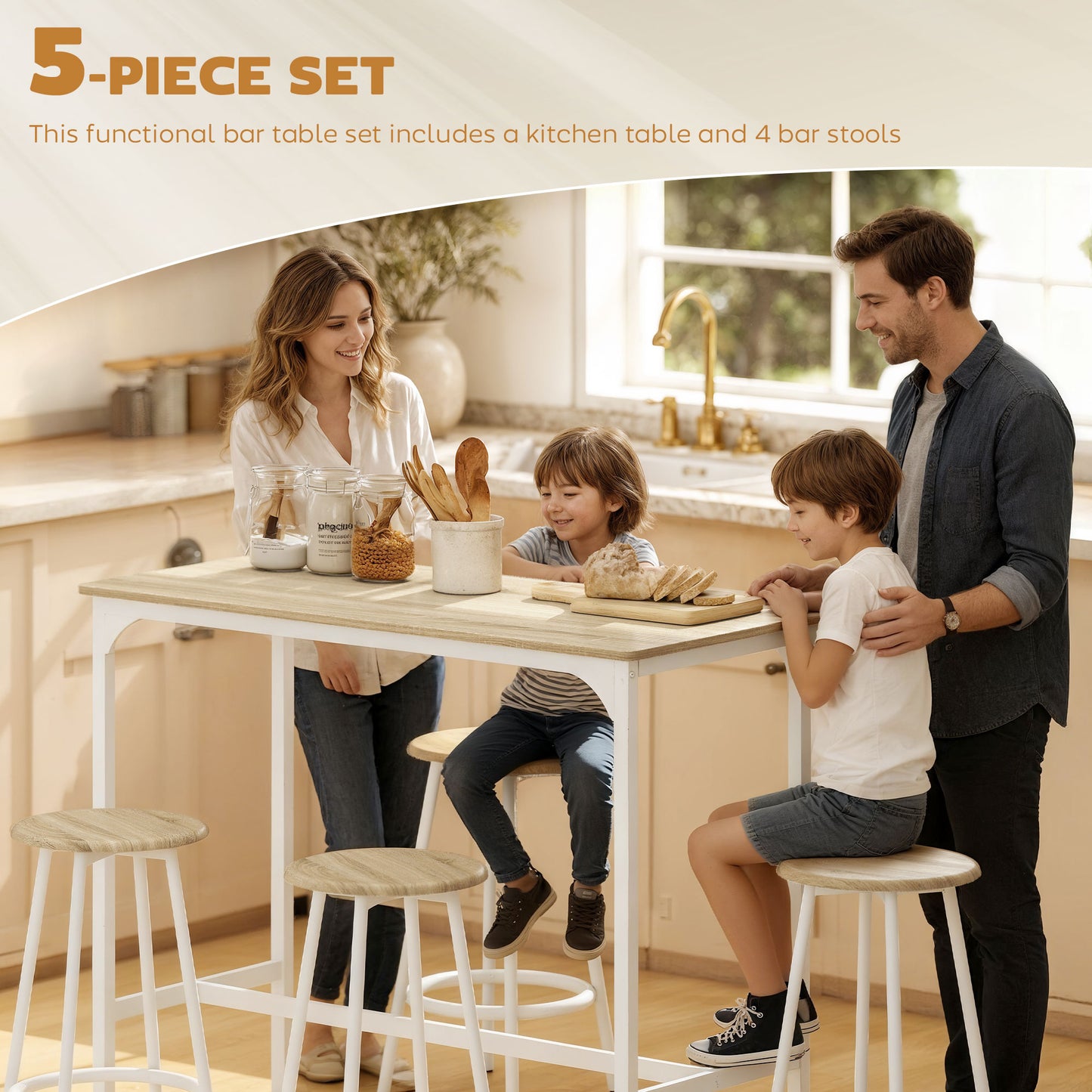HOMCOM 5 Piece Bar Table Set for 4 with Stools, Metal Frame, Footrest for Kitchen Natural Wood--ChewyGames-ChewyGames
