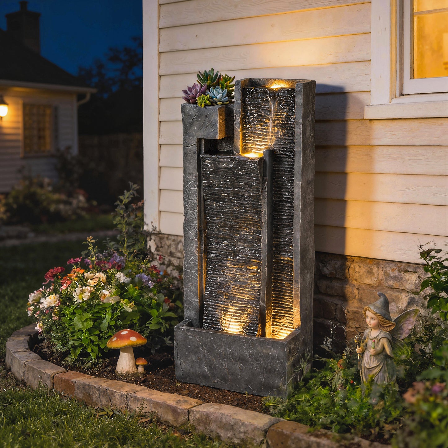Outsunny Water Feature with LED Lights and Planter, 3-Tier Garden Water Fountain with Pump, Resin Waterfall Feature, Dark Grey--ChewyGames-ChewyGames