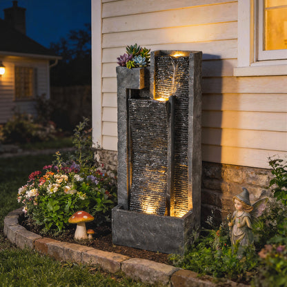 Outsunny Water Feature with LED Lights and Planter, 3-Tier Garden Water Fountain with Pump, Resin Waterfall Feature, Dark Grey--ChewyGames-ChewyGames