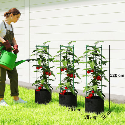 Outsunny 3 Packs Tomato Cages with 83.7L Grow Bags, 120cm Adjutstable Triangle Plant Stakes Support Trellis with Planter Bags