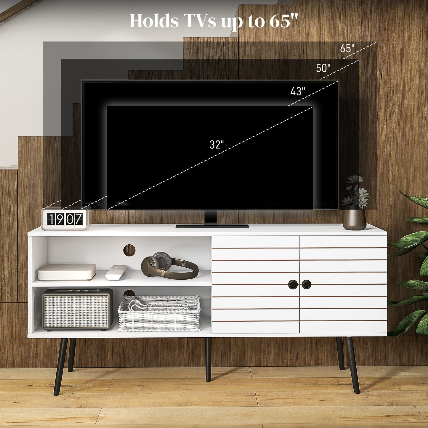 HOMCOM TV Stand with Cupboard, Open Shelves, Striped Doors, Wooden legs, White
