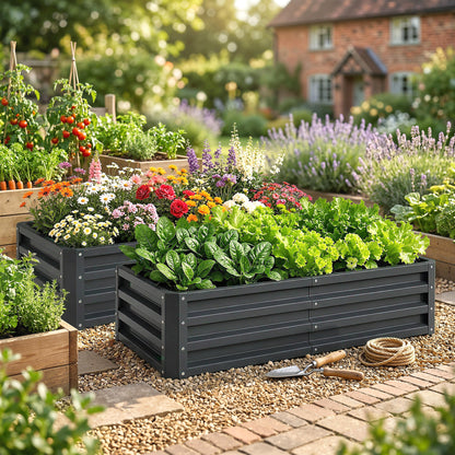 Outsunny Set of 2 Raised Beds for Garden, Galvanised Outdoor Planters for Herbs Vegetables, Use for Patio Balcony, Grey
