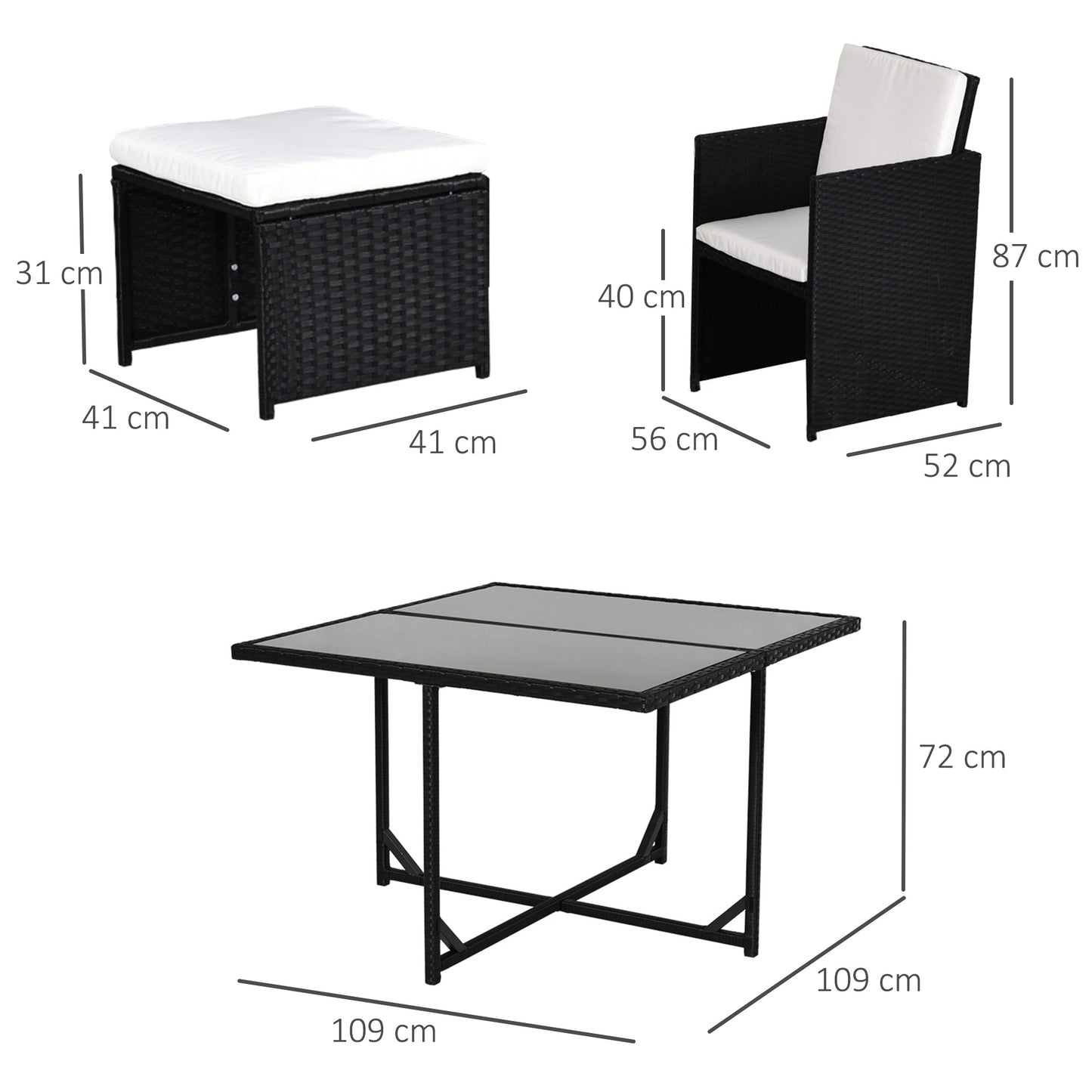 Outsunny 9 Piece Rattan Cube Garden Furniture Dining Set with Armchairs, Footstools and Glass-Top Table, Black