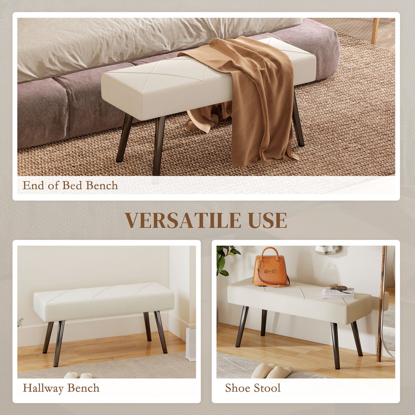 HOMCOM Upholstered Hallway Bench, End of Bed Bench with X-Shape Design and Steel Legs, Cream