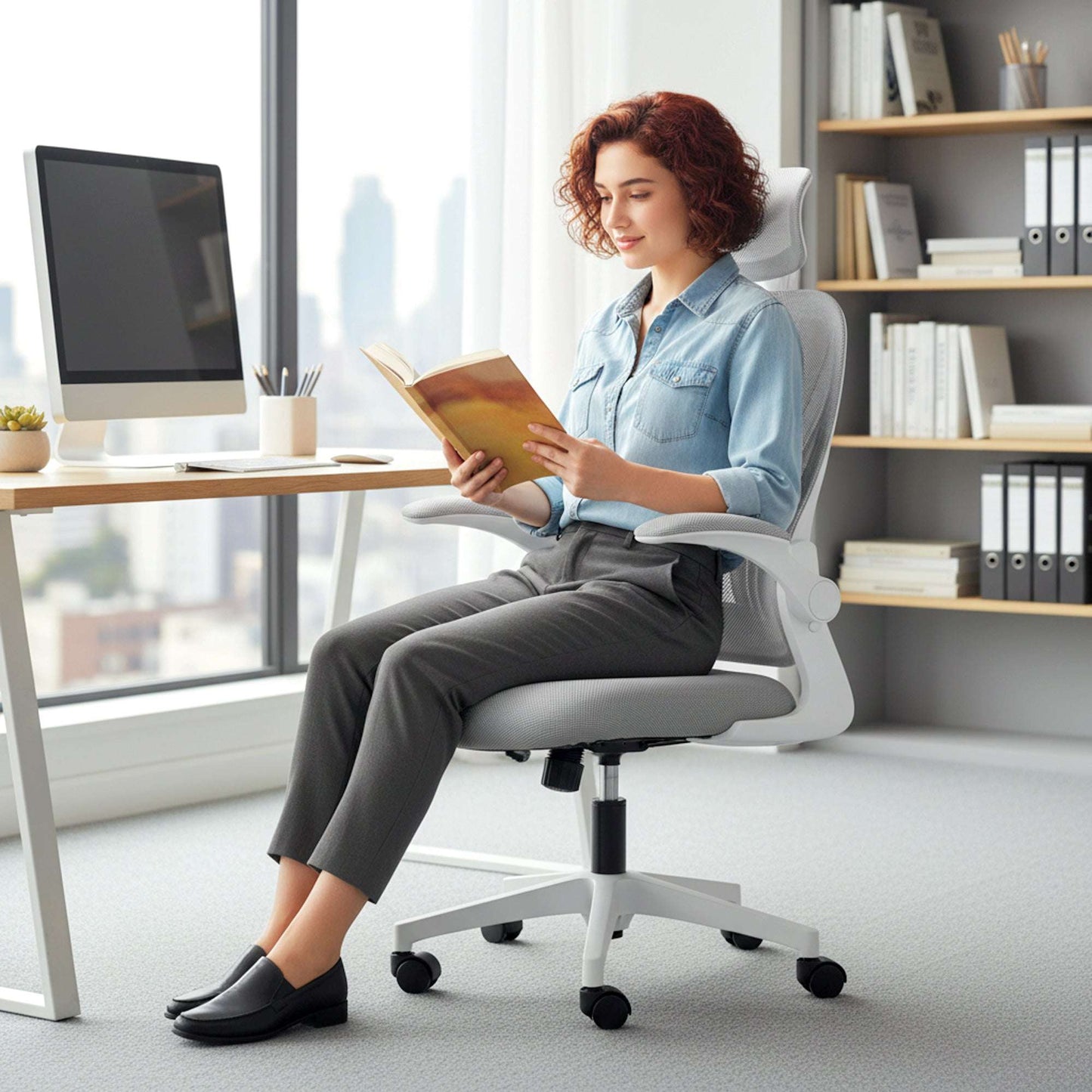 HOMCOM Ergonomic Office Chair with Foldable Backrest, 2D Headrest - Light Grey